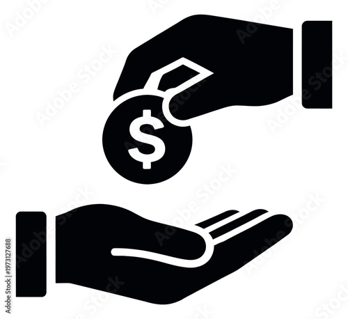 Solid icon illustration of hands exchanging a dollar coin depicting payment or donation for finance and charity concepts