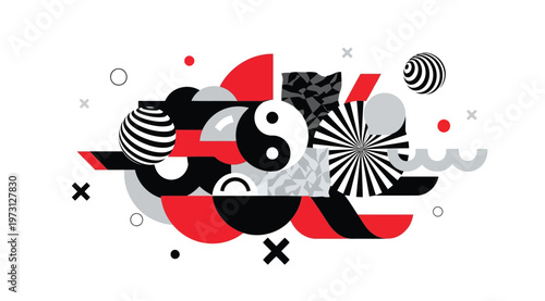 Abstract geometric composition with yin yang symbol, striped spheres, and bold shapes in red, black, and white colors