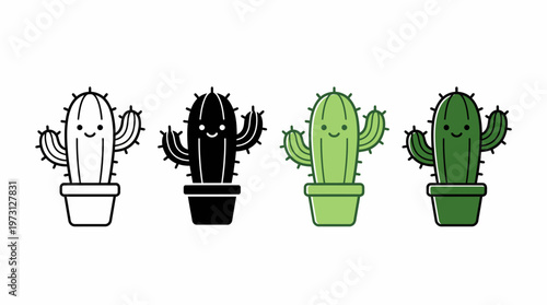 Stylized cactus vector illustration set with potted plants, minimal black outline, filled silhouette, green terracotta variations, modern decorative botanical vector art design collection