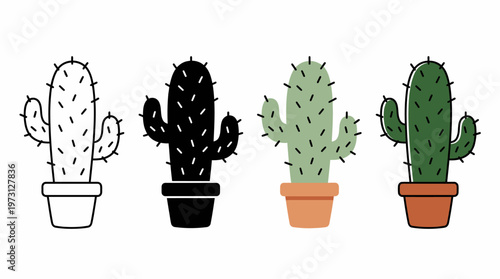 Stylized cactus vector illustration set with potted plants, minimal black outline, filled silhouette, green terracotta variations, modern decorative botanical vector art design collection