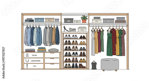 Immaculate Closet Organization Featuring Hanging Garments, Organized Shoe Shelves, and Drawer Storage Solutions