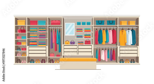 Organized modern walk-in closet interior design with abundant storage and clothing display