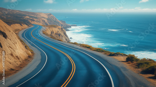 long curved coastal road with milestone checkpoints, strategic direction and future success concept, ocean background