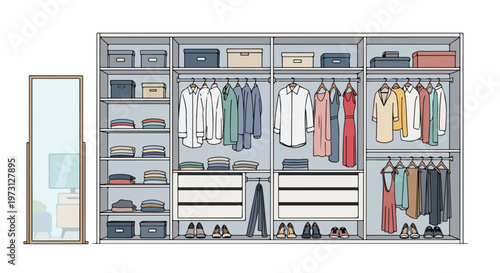 A meticulously organized walk-in closet displays neatly folded clothes, hanging garments, and storage boxes, complete with a full-length mirror