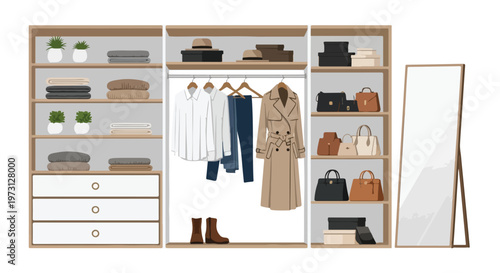 Organized walk-in closet showcasing neatly folded clothes, elegant apparel, designer handbags, and a full-length mirror for perfect styling