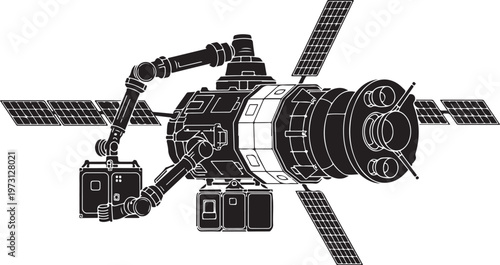 Space station, spacecraft, satellite, black and white vector illustration