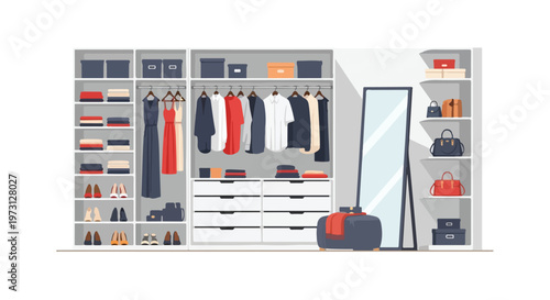 Organized walk-in closet with hanging clothes, shoes, handbags, and storage boxes providing a neat and functional fashion space for stylish living