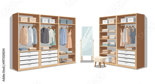 Neatly organized contemporary walk-in closet featuring hanging apparel, stacked folded clothes, storage boxes, drawers, a full-length mirror, and a