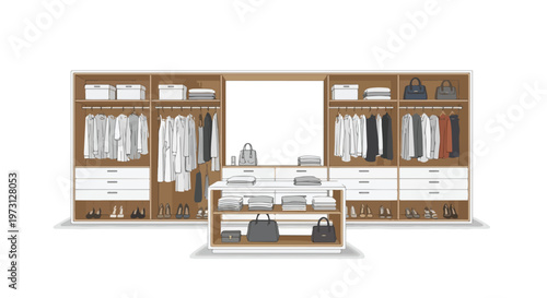 Chic and organized walk-in closet design featuring hanging clothes, neatly folded apparel, shoes, and handbags with a central island display