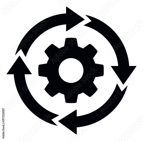 Flat design illustration of a gear with arrows depicting continuous process for workflow and settings