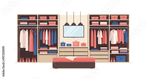 Organized Walk-In Closet with Hanging Clothes, Storage Boxes, and a Chic Red Bench