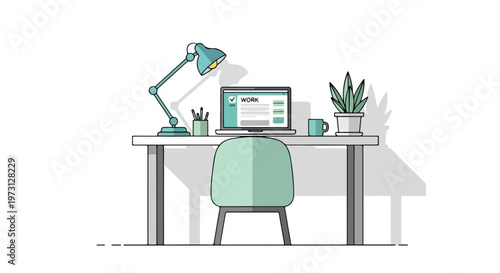 A Minimalist Illustration of a Workspace Featuring a Desk, Chair, Lamp, Laptop, and Potted Plant for Productive Endeavors