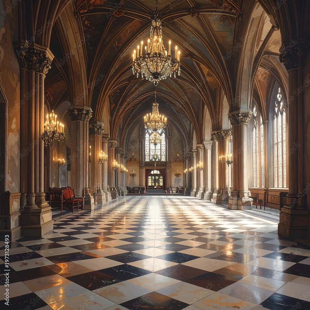 Obraz premium A long, ornate hallway with arches and chandeliers