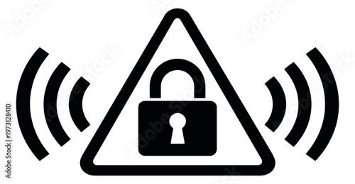 Modern line art illustration of a security warning sign depicting a locked wireless network for cyber security