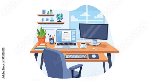 Cozy home office setup illustration with laptop, monitor, plants, and desk accessories for productive work sessions