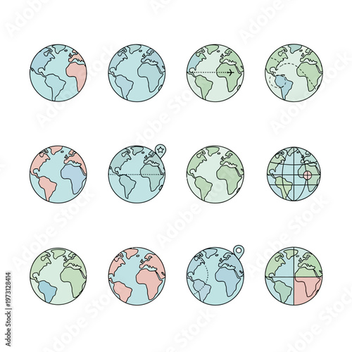 Global Icons: Diverse Earth Planet Illustrations with Latitude, Longitude, and Routes