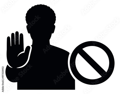 Graphic illustration of a person depicting a stop gesture and prohibition symbol for security and restriction