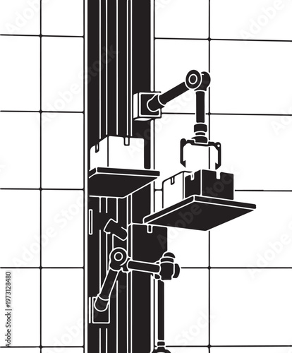 Industrial robotic arm, mechanical assembly, black and white vector, factory automation, robotics illustration