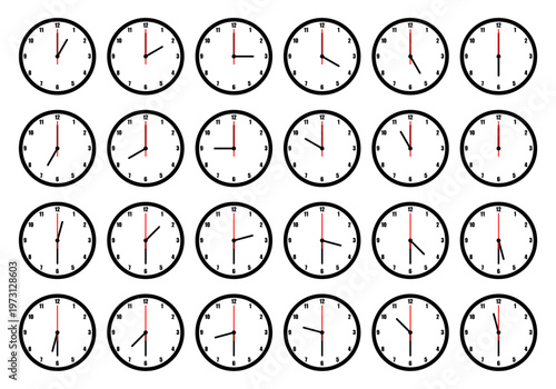 Set of analog clock faces showing different times. Clean minimal vector isolated on white, perfect for education, UI, worksheets, and time learning concepts.