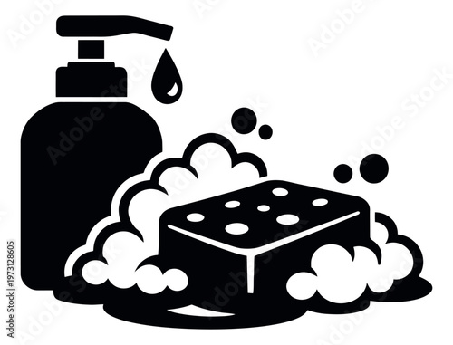 Graphic illustration of soap dispenser and sponge depicting washing and cleaning for hygiene and sanitation