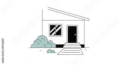 Minimalist illustration of a detached house with a single door and window, featuring a stylized bush and path, conveying simplicity and modern