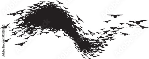 Flock of birds, bird swarm, flying birds, black silhouette, vector illustration