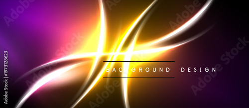 Abstract vibrant background. Bright lines intersect, creating dynamic light effects. Purple, orange, yellow hues dominate composition.