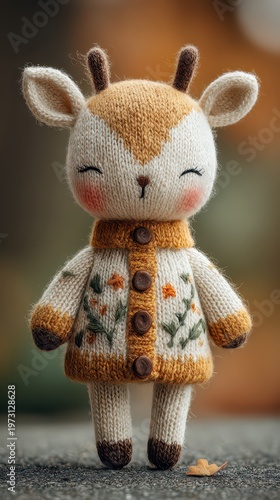 Adorable handmade knitted deer doll with floral patterns and charm
