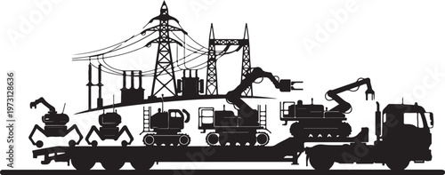 Industrial silhouette, construction equipment, power transmission towers, black vector icons, industrial vehicles