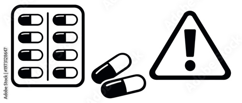 Line art medical warning set featuring a blister pack, capsules, and a caution symbol for health and safety information