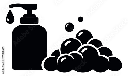Graphic illustration of a soap pump bottle depicting a liquid drop and suds for hygiene