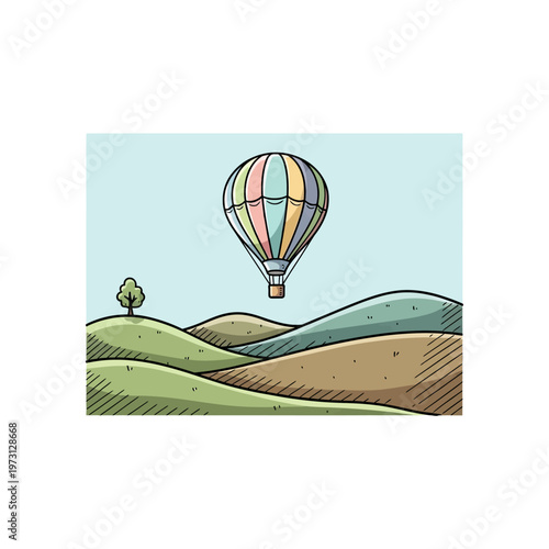 Colorful hot air balloon floating over rolling hills landscape, illustration
