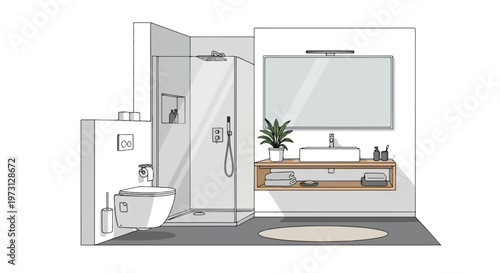 Modern Bathroom Design Sketch with Toilet, Shower, and Vanity featuring a Floating Shelf and Mirror