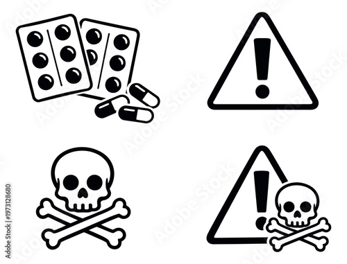 Simple line art warning symbols set featuring medication, a caution sign, and skull and crossbones for health and safety awareness