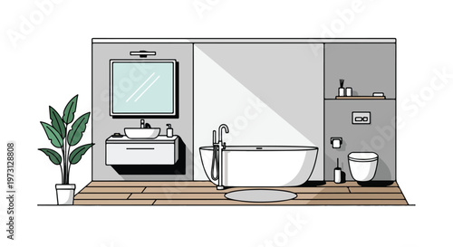 A Clean and Modern Isometric Bathroom Illustration Featuring a Bathtub, Sink, and Toilet with a Potted Plant