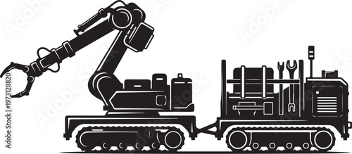 Industrial excavator, heavy machinery, construction equipment, black and white vector