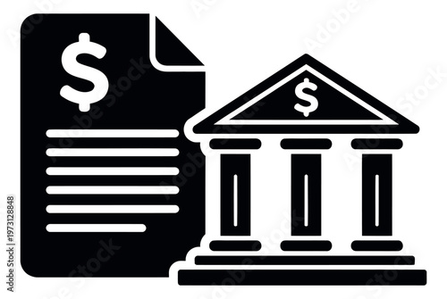 Glyph illustration of a financial document and a bank representing banking contracts and financial transactions for business and legal themes