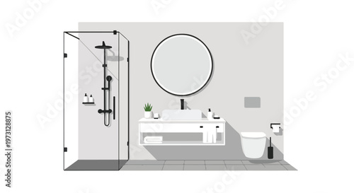 Modern minimalist bathroom design featuring a sleek shower, vanity with sink, and a contemporary toilet in a monochrome palette