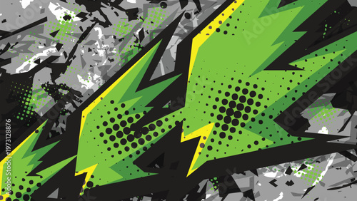 Abstract Racing Background with Neon Green Geometric Shapes and Grunge Textures
