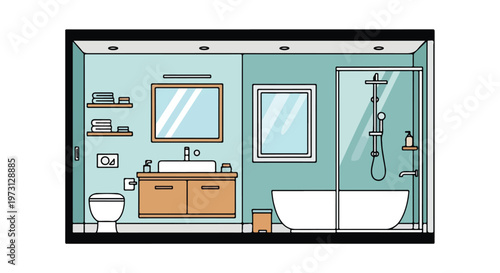 Modern and minimalist bathroom illustration featuring a bathtub, shower, vanity, and toilet with clean lines and a soothing color palette.