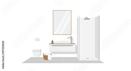 Modern Bathroom Ensemble Featuring a Wall-Mounted Vanity, Sleek Toilet, and Glass-Enclosed Shower for a Contemporary Home Aesthetic