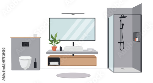 Modern bathroom interior design illustration featuring a sink vanity, toilet, and glass shower enclosure