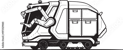 Street Sweeper Truck, Road Cleaning Vehicle, Urban Maintenance, Black and White Illustration