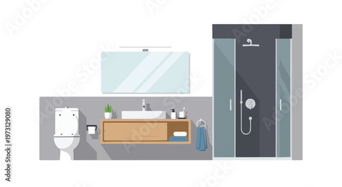 Modern bathroom interior illustration featuring a clean toilet, sleek vanity with sink, and a contemporary shower enclosure