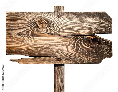 A weathered wooden directional sign, crafted from planks, attached to a sturdy pole. The sign shows intricate wood grain and the signs of age