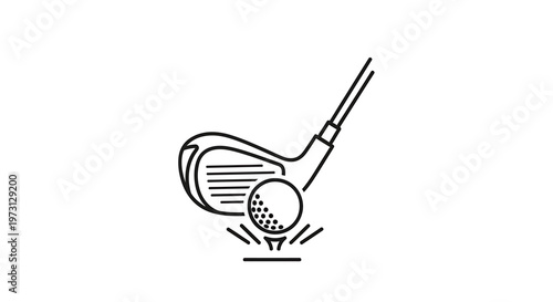 Line art illustration of a golf club hitting a golf ball off a tee, depicting the moment of impact in the sport.