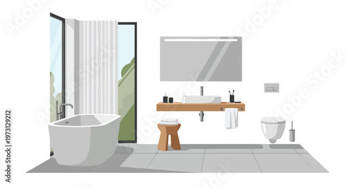 Modern minimalist bathroom with bathtub sink and toilet, featuring large windows with natural light and greenery outside
