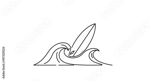 A minimalist line art drawing of a surfboard riding ocean waves.
