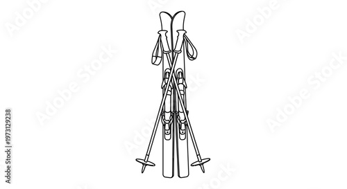 Line art drawing of a pair of skis with bindings and two ski poles standing upright, ready for winter sports.
