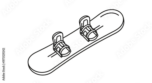 A simple line drawing of a snowboard with bindings, depicted from an isometric perspective on a white background.